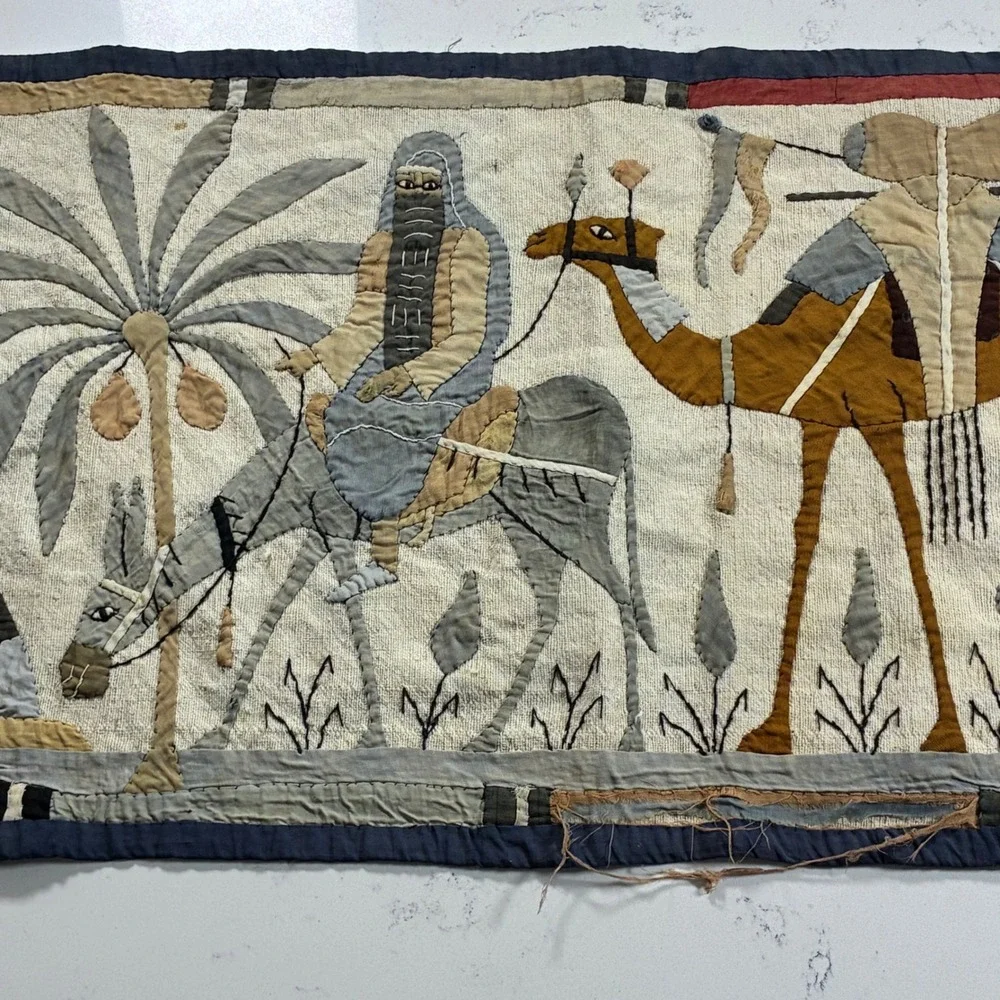 Antique Egyptian Khayamiya Hand Applique Wall Hanging Desert Caravan Folk Art